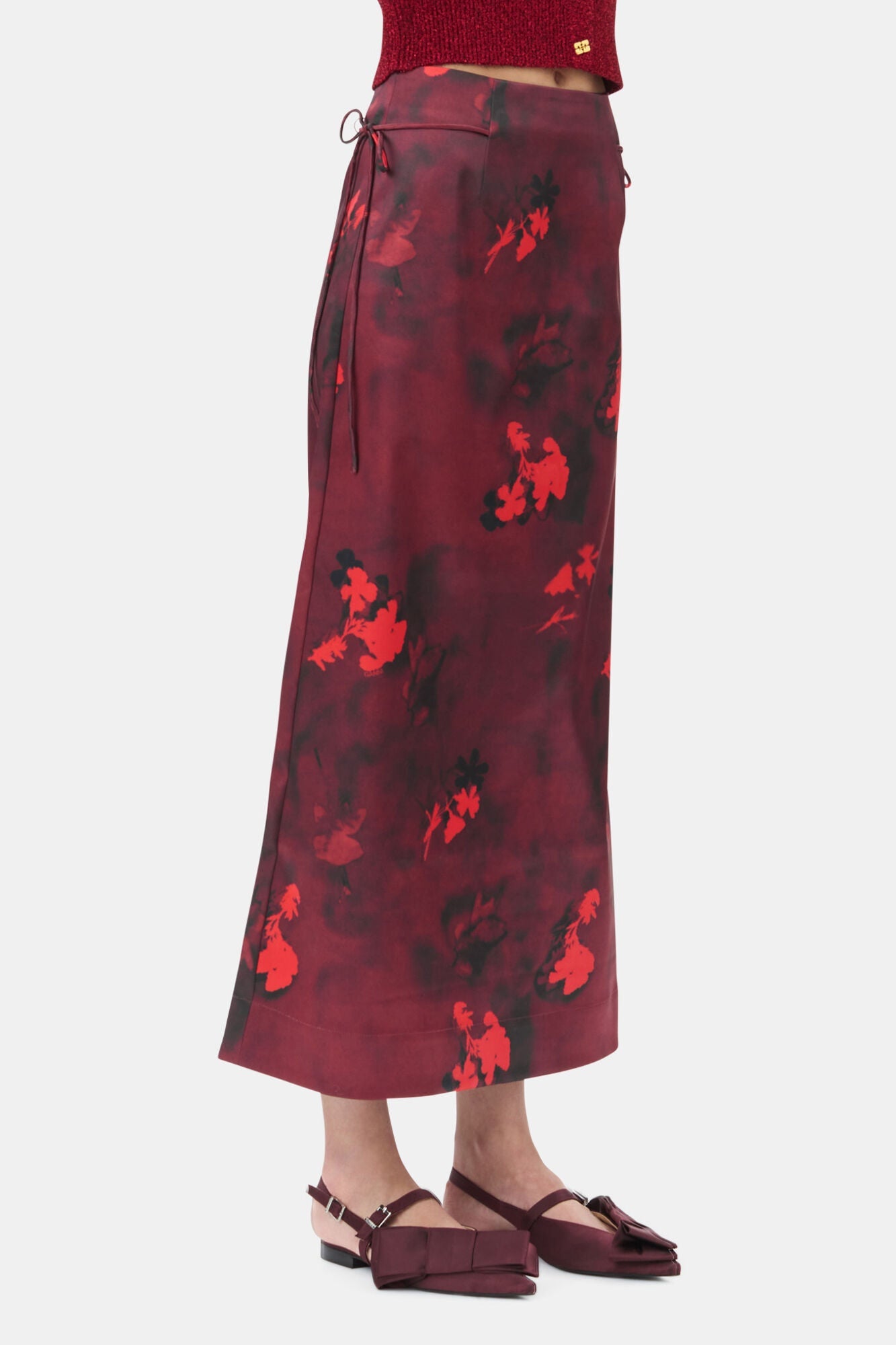Red Printed Satin Maxi Skirt | Winery