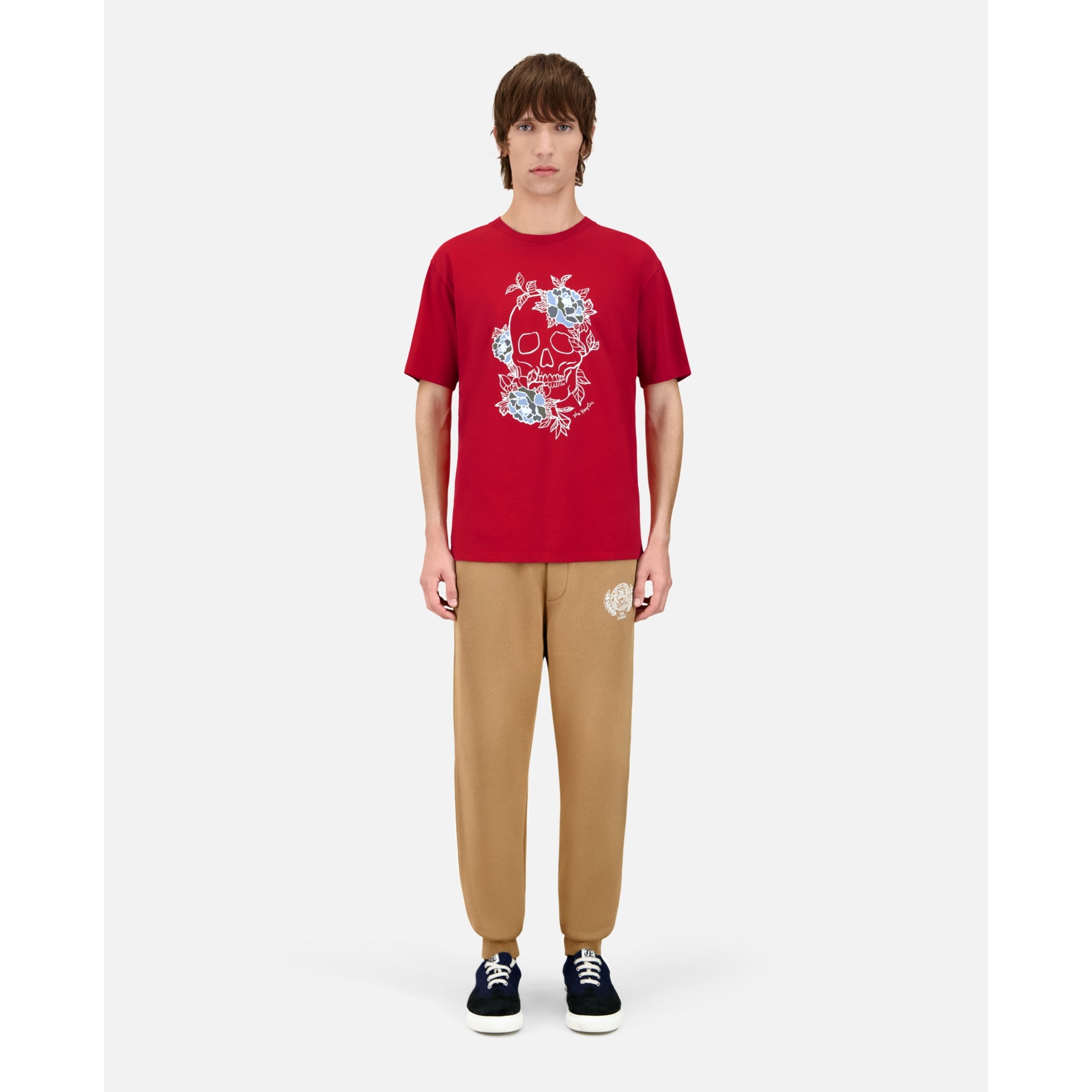 Red T-Shirt With Flower Skull Serigraphy | Men | Cherry