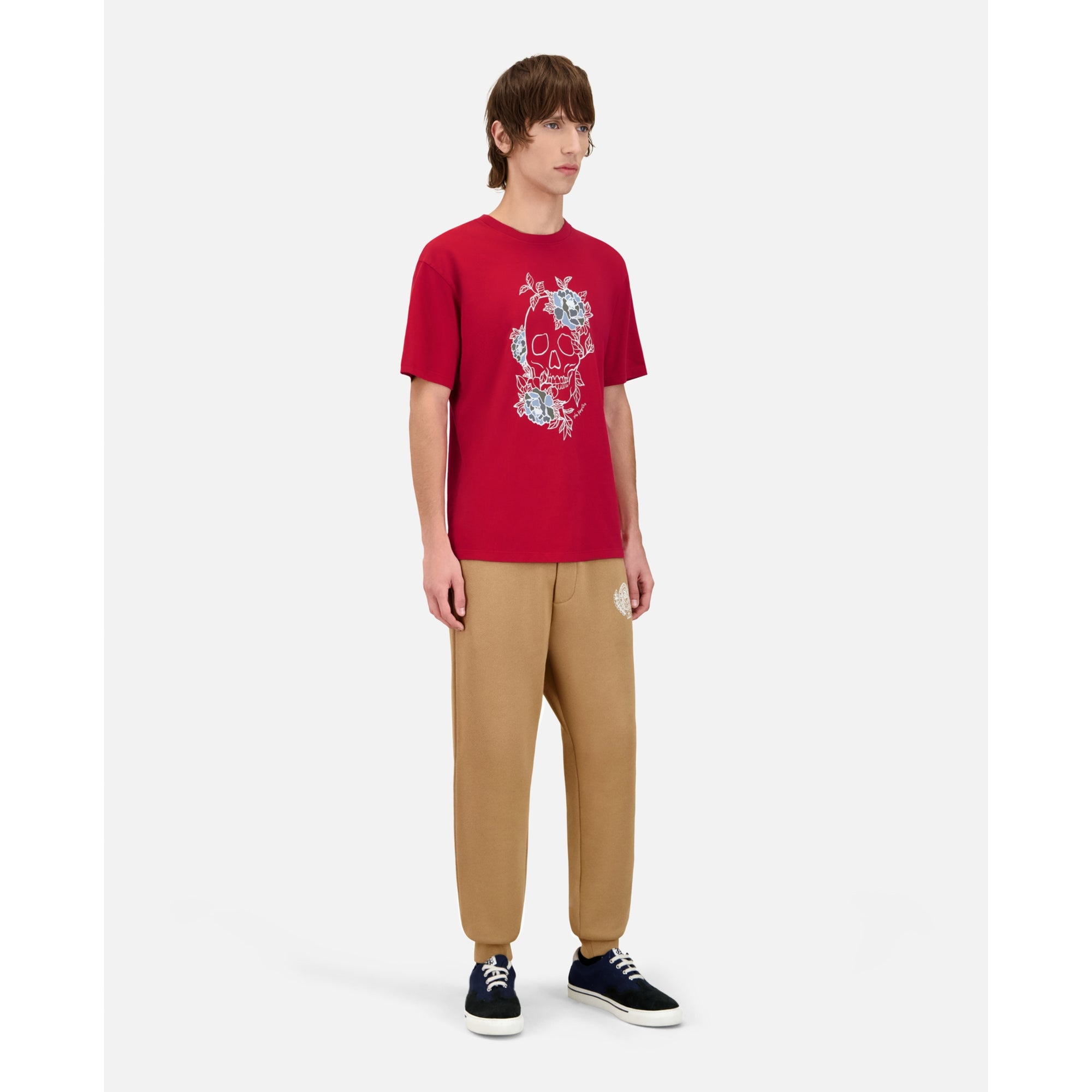 Red T-Shirt With Flower Skull Serigraphy | Men | Cherry