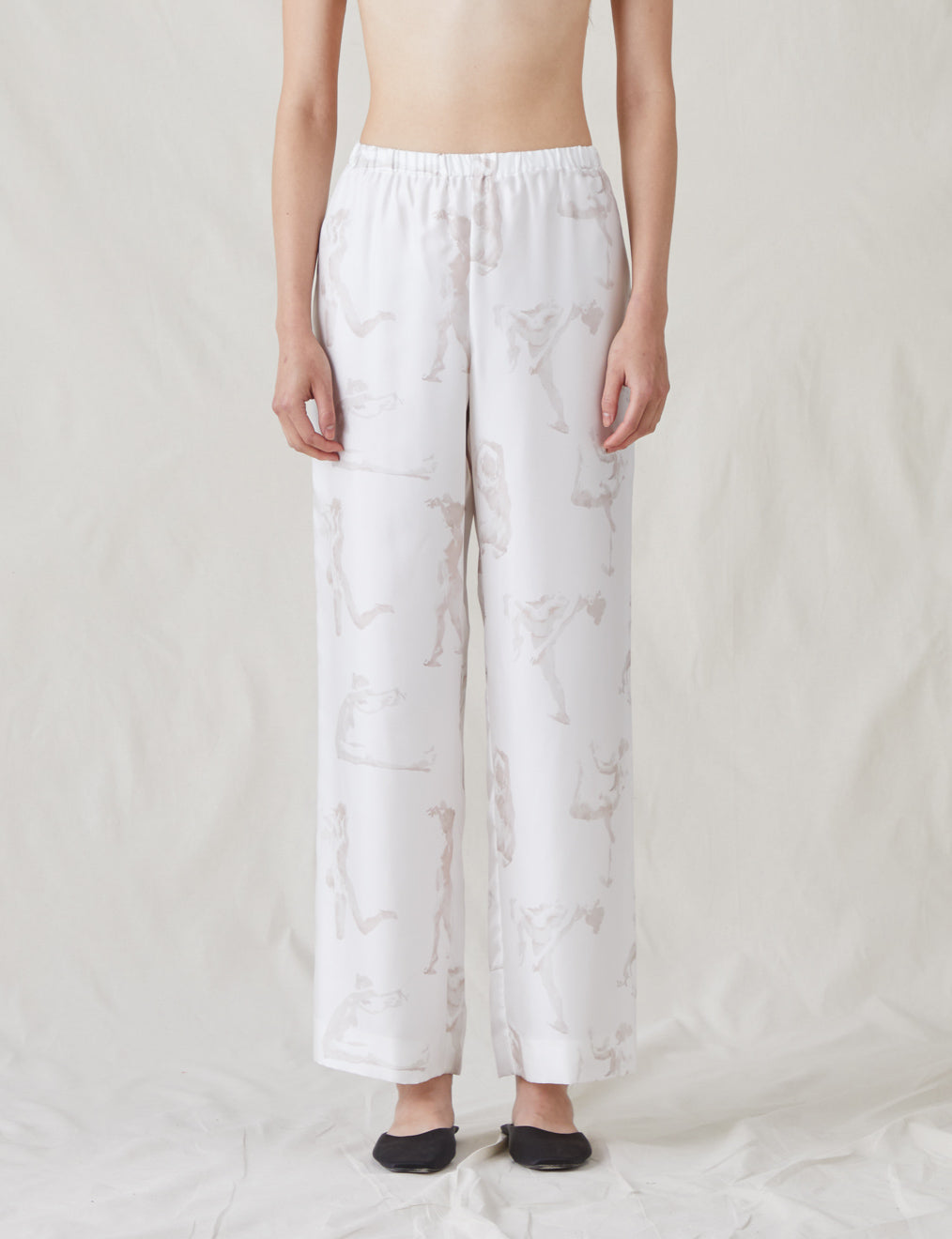 Womens | The Silk Relaxed Pants with Painted Figures | Cream / Sepia