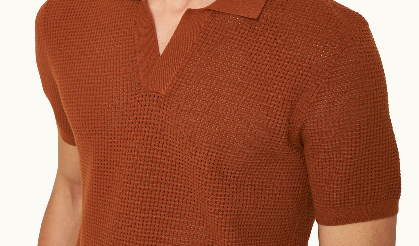 Roddy Tailored Fit Waffle Mesh Stitch Polo Shirt Knitted | Cinnamon Coffee