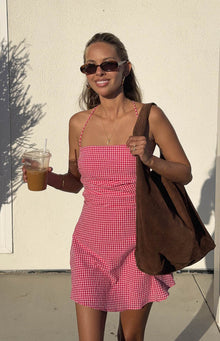 Beginning Boutique Rylan Red Gingham Mini Dress red gingham halter neck square neck mini dress with ruched sides