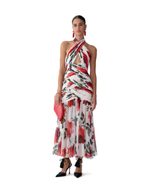 Criss-Cross Halter Neck Ruched Midi Dress | Ivory Multi