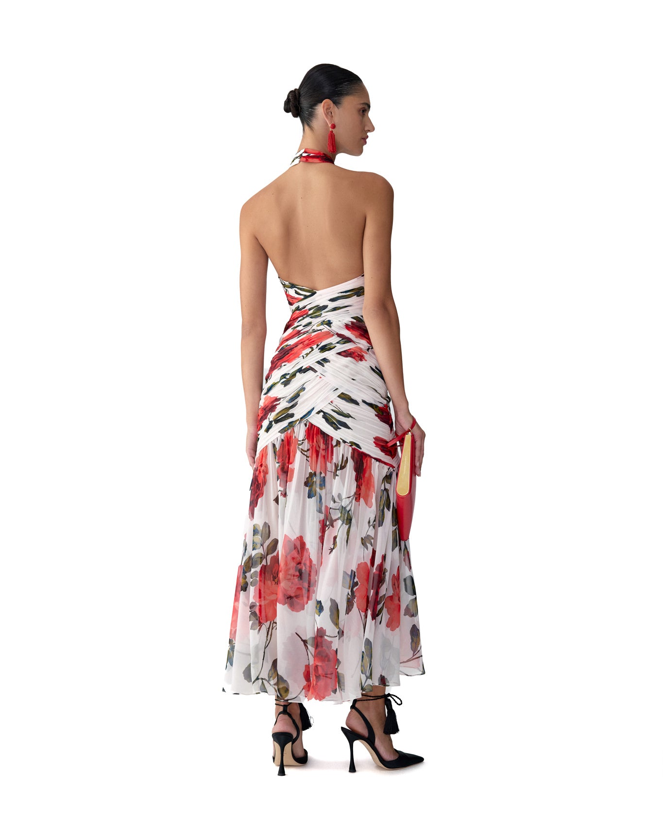 Criss-Cross Halter Neck Ruched Midi Dress | Ivory Multi