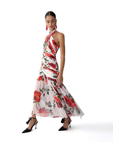 Criss-Cross Halter Neck Ruched Midi Dress | Ivory Multi