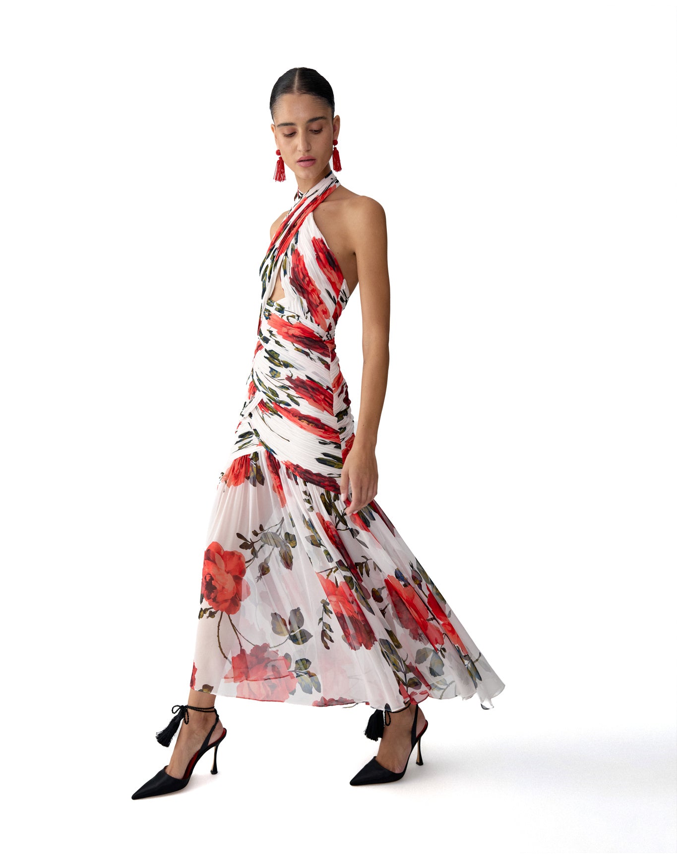 Criss-Cross Halter Neck Ruched Midi Dress | Ivory Multi