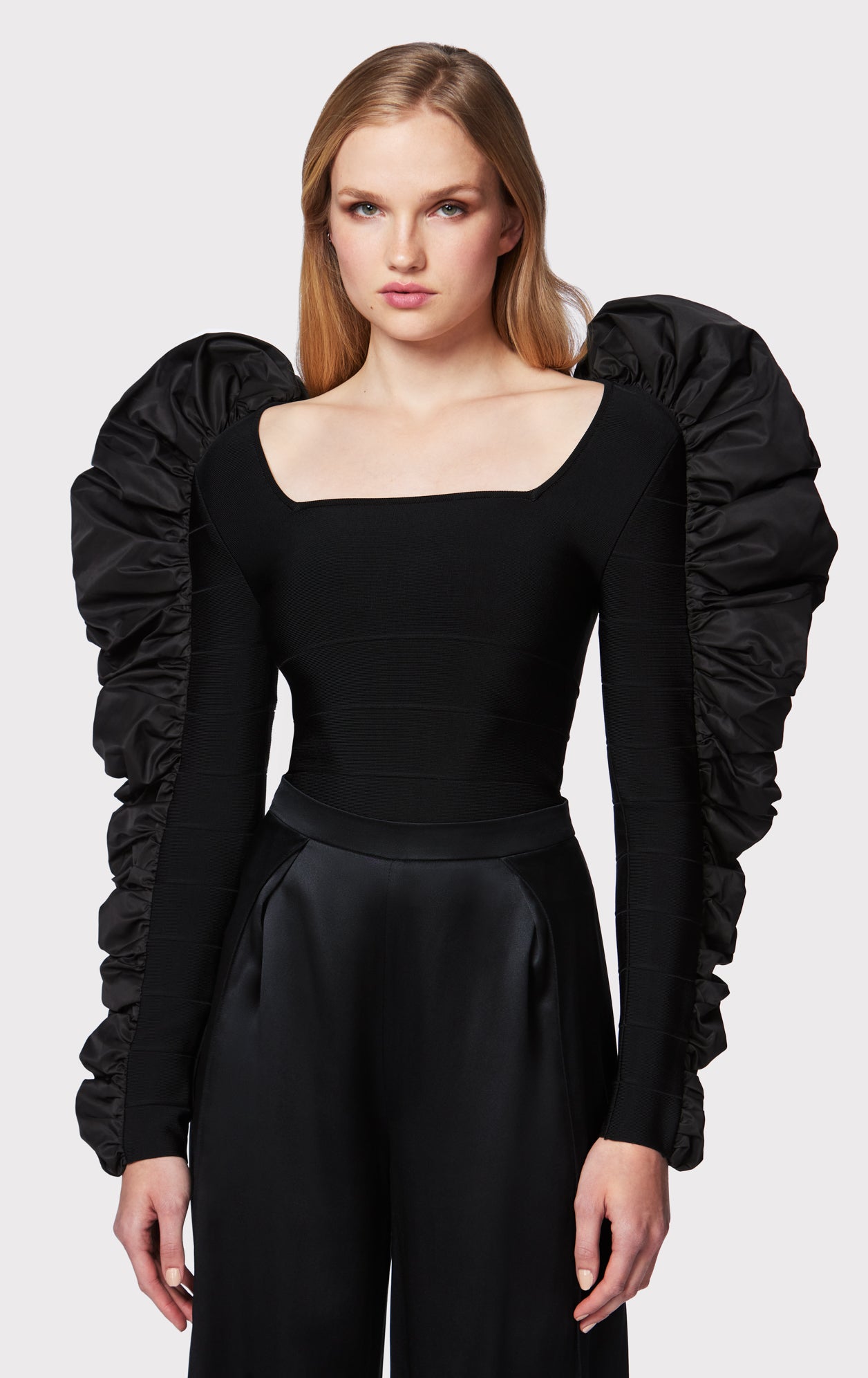 Ruched Nylon Ruffle Top | Black