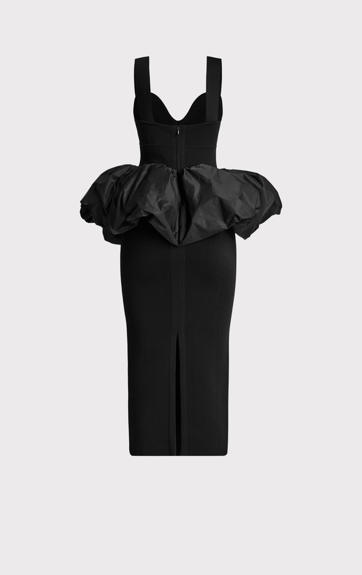 Ruched Nylon Peplum Midi Dress | Black