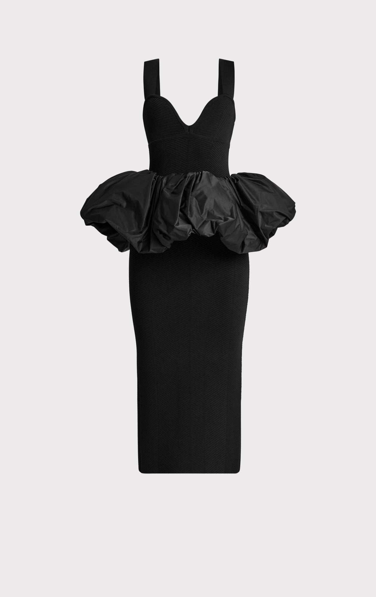 Ruched Nylon Peplum Midi Dress | Black