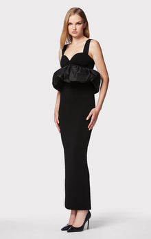 Ruched Nylon Peplum Gown | Black