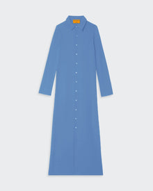 Showtime Shirt Dress In Silk/Linen French Blue long sleeve button-up shirt dress with collar
