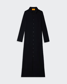 Showtime Shirt Dress In Silk/Linen - Black long sleeve button-up shirt dress with collar in silk and linen blend