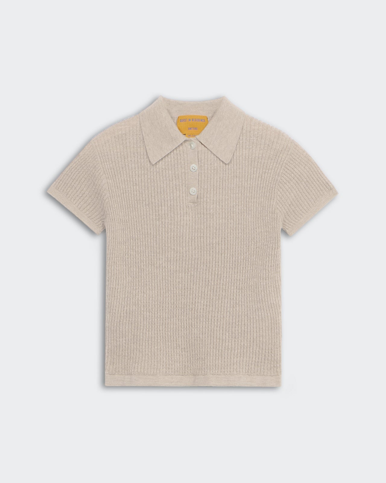 Shrunken Polo - Taupe women's lightweight waffle knit cashmere polo with collared three-button placket and short sleeves