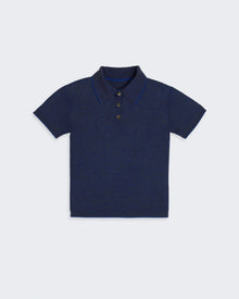 Shrunken Polo - Cobalt/Chestnut women's polo shirt in textured waffle stitch with three-button placket and fine two-color striping.