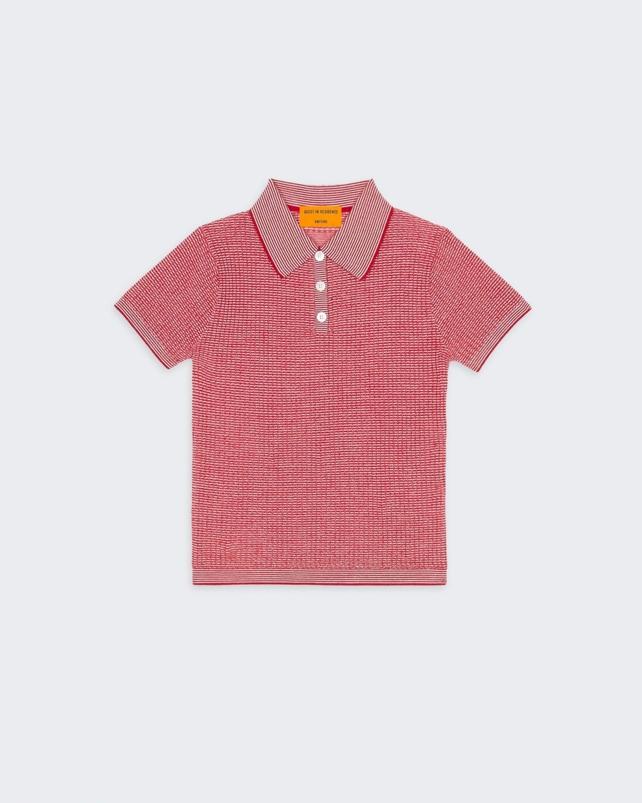 Shrunken Polo True Red Cream women's polo shirt with waffle stitch and three-button placket made from 100% cashmere