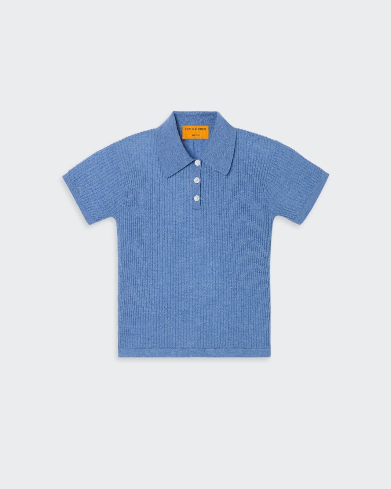 Shrunken Polo in Cashmere French Blue women's lightweight waffle knit polo with three-button placket and short sleeves