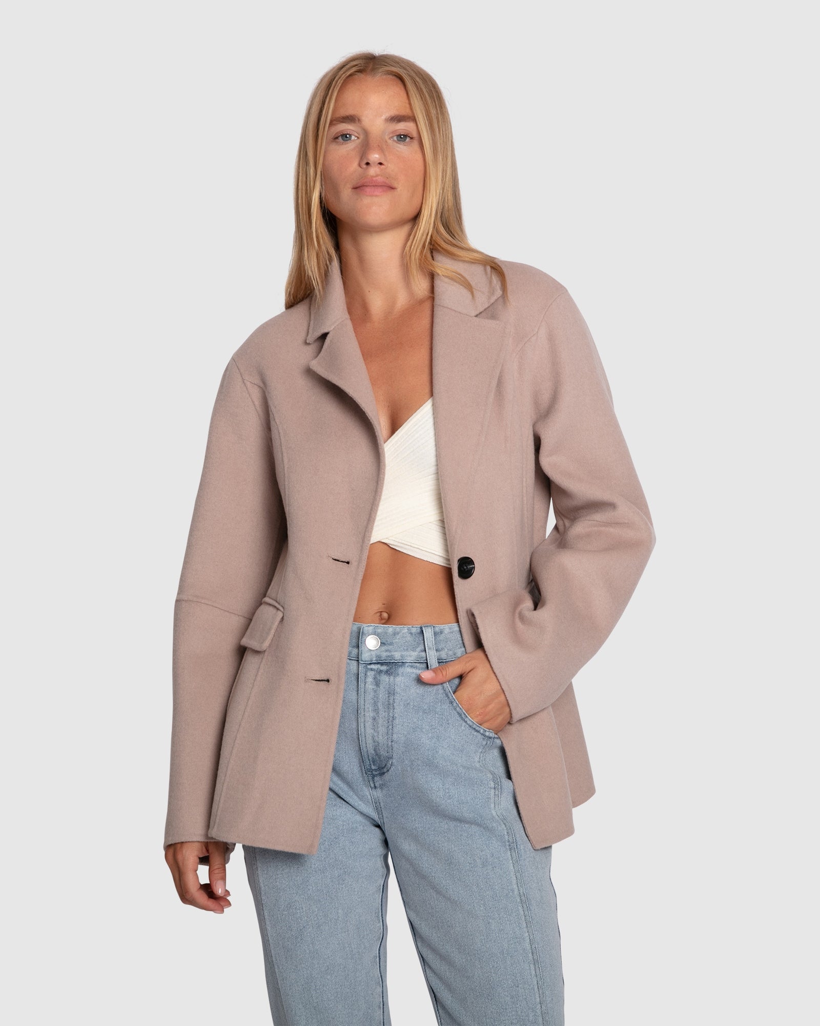 Women | Stuck On You Wool Blend Cinched Waist Blazer | Sand