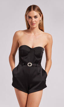 Brina Satin Strapless Romper | Black