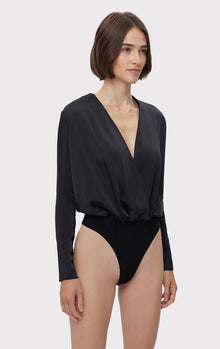 Wrap Effect Long Sleeve Satin Bodysuit | Black