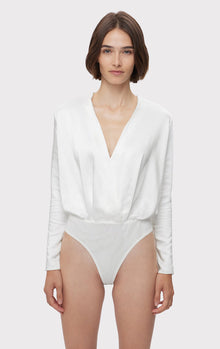 Wrap Effect L/S Satin Bodysuit | Alabaster