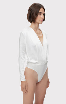 Wrap Effect L/S Satin Bodysuit | Alabaster