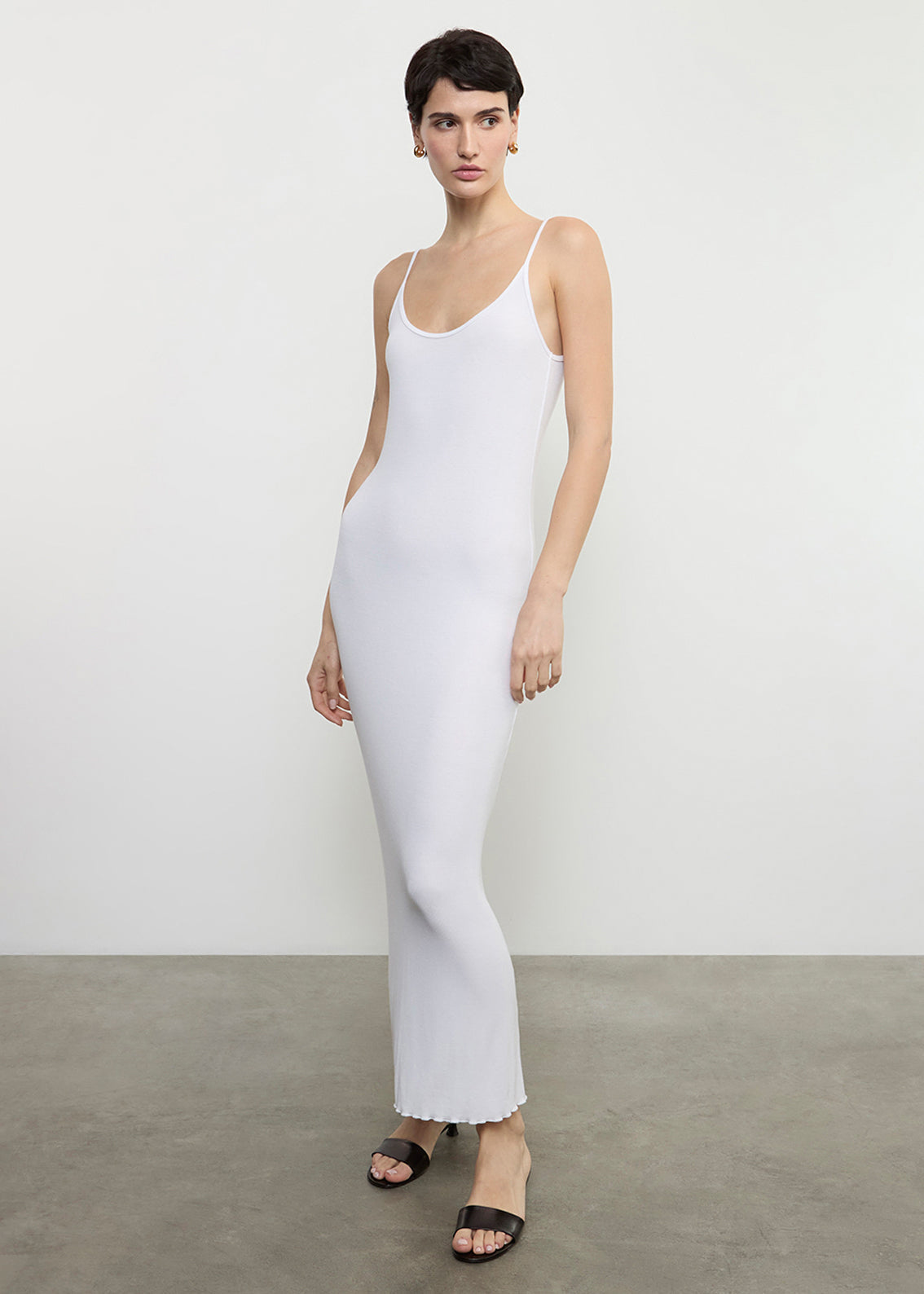 Silk Rib Lettuce Edge Dress | White