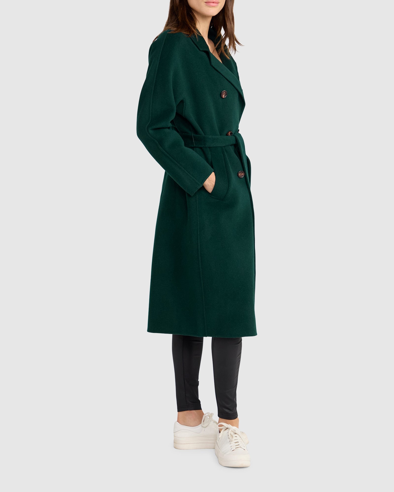 Women | Standing Still Wool Blend Belted Coat | Dark Green