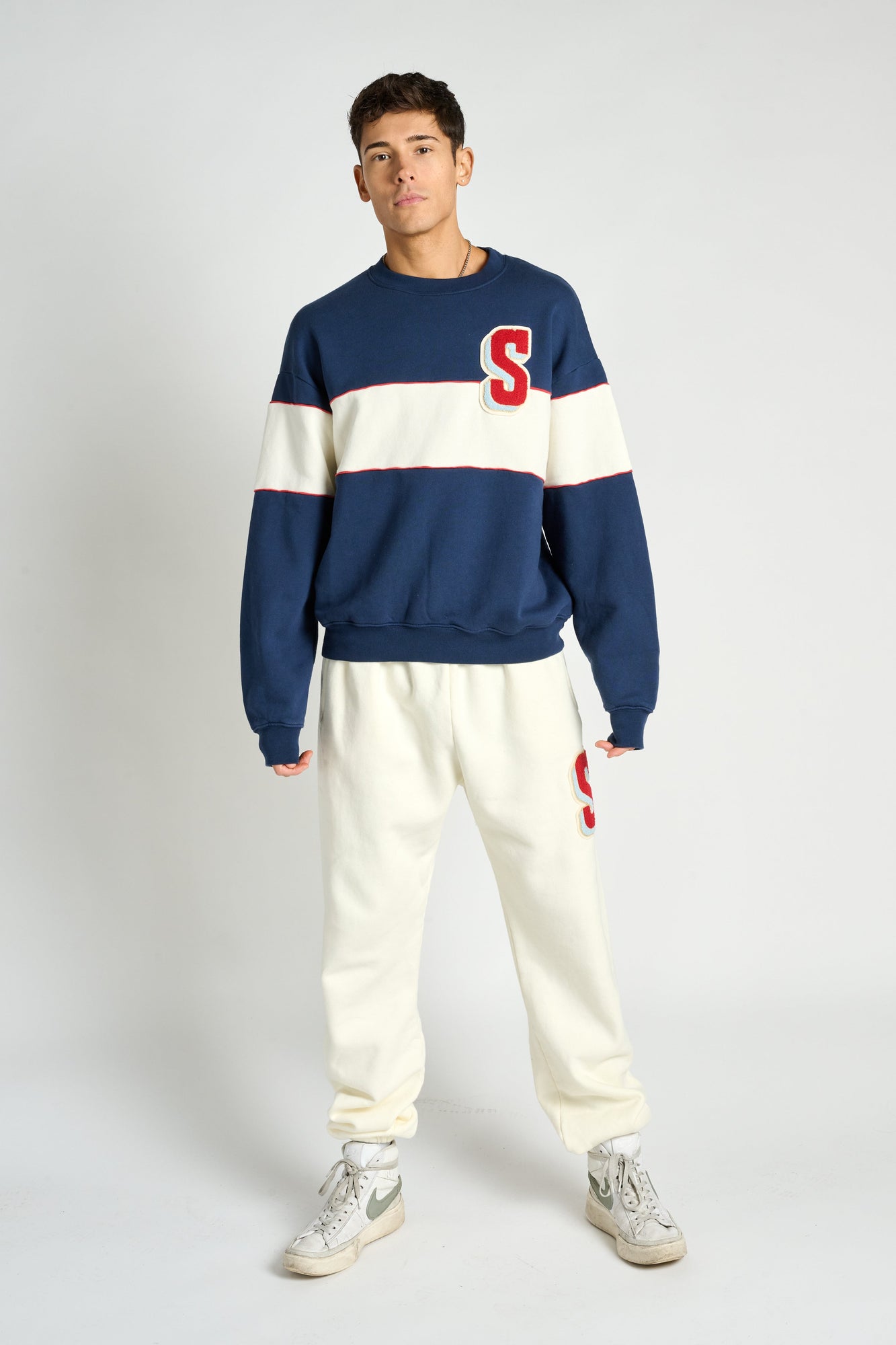 Soul by SoulCycle | Dakota Rugby Crew Neck W/ Chenille Patch | Navy/Cream