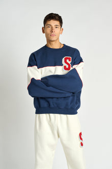 Soul by SoulCycle | Dakota Rugby Crew Neck W/ Chenille Patch | Navy/Cream