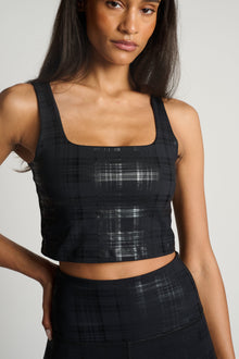 Beyond Yoga | Studio High Cropped Tank | Plaid Foil Black