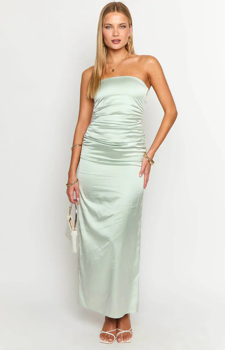 Bloom Satin Strapless Maxi Dress | Sage