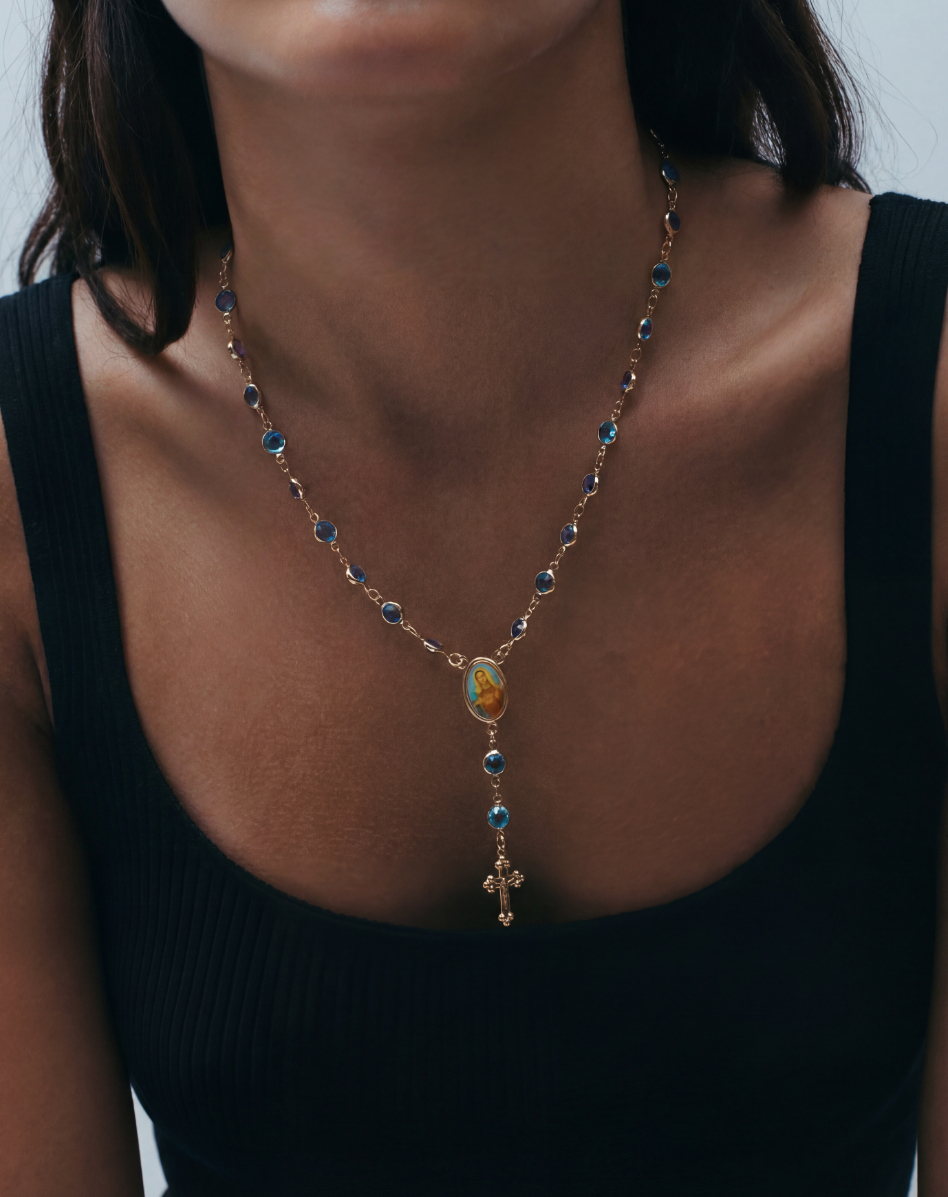 The Mary Blue Stone Rosary Necklace | 18Tk Gold Filled