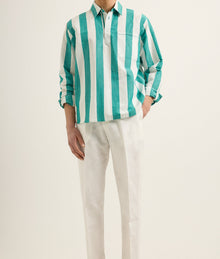 Shanklin Stripe Striped Overhead Open Collar Linen Shirt Green/White Sand | Green/White Sand