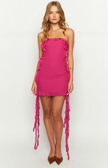 Beginning Boutique She's The One Fuchsia Tassel Mini Dress fuchsia strapless mini dress with ruffled trim and long side tassels