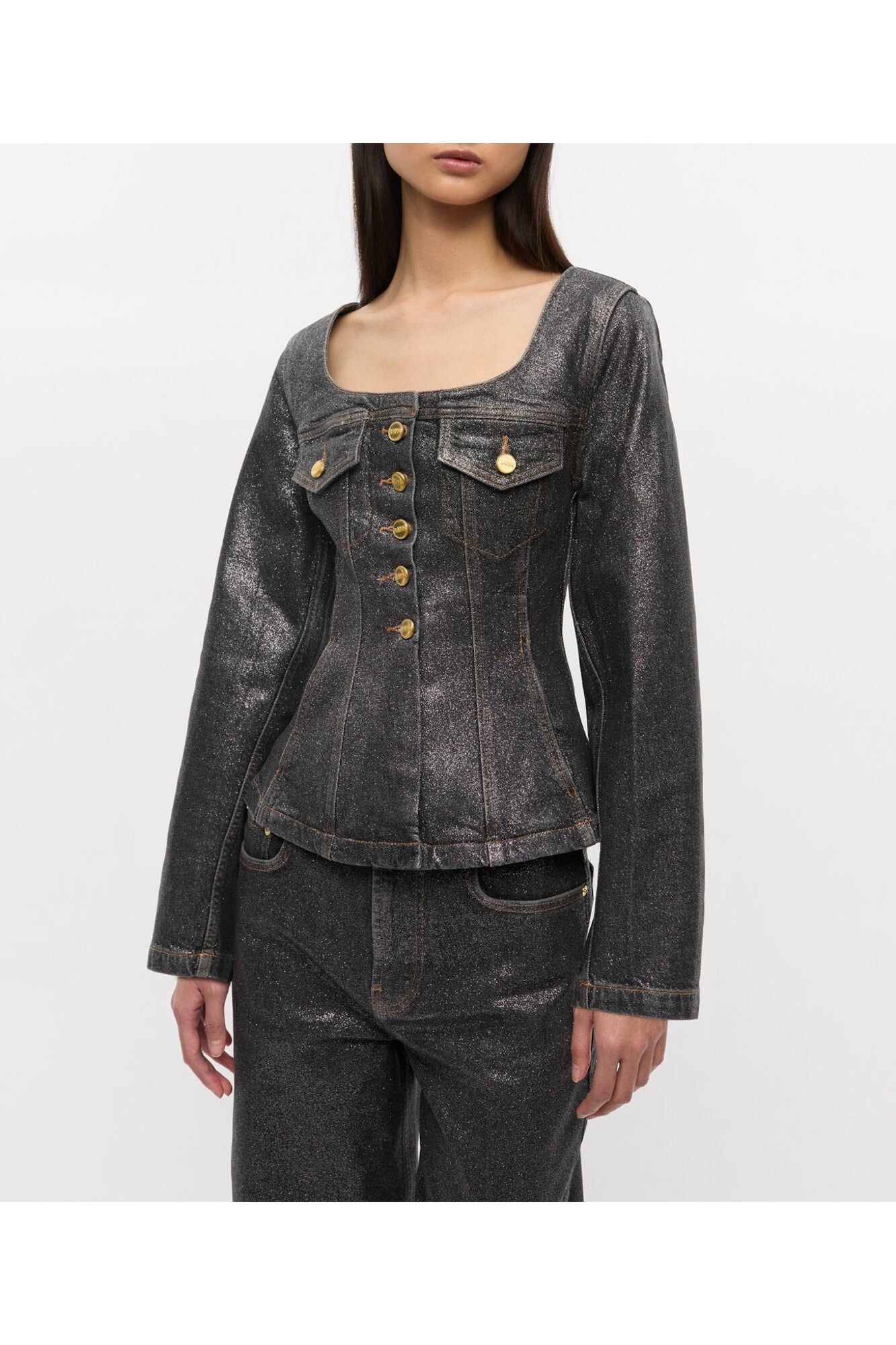 Shimmery Foil Denim Blazer | Washed Black/Black