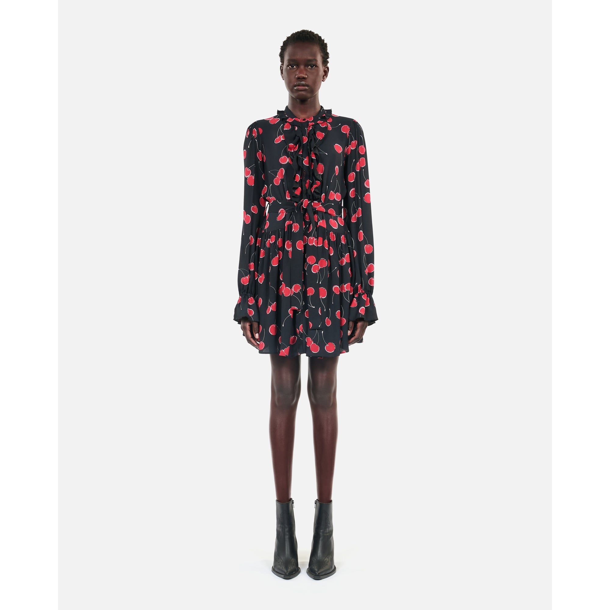 Short Cherry Printed Dress | Women | Black x Red