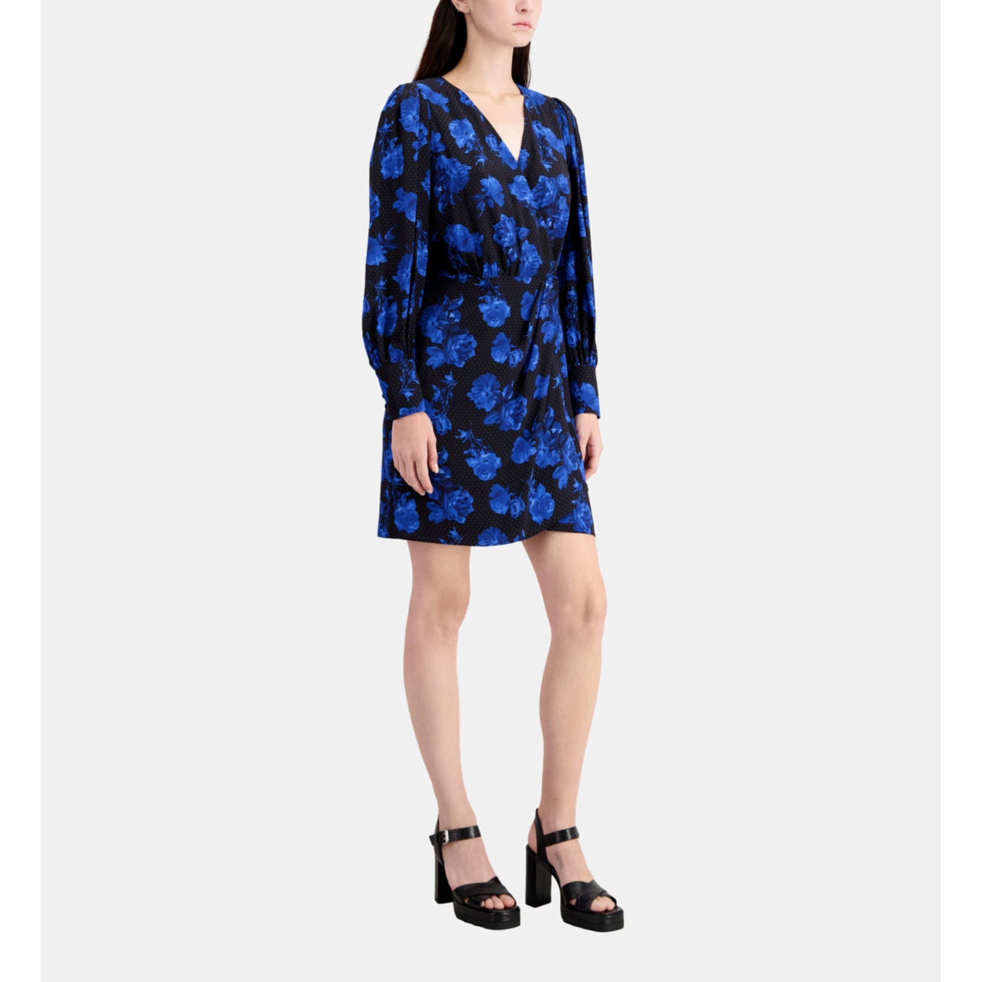 Short Printed Silk Wrap Dress | Women | Black Blue