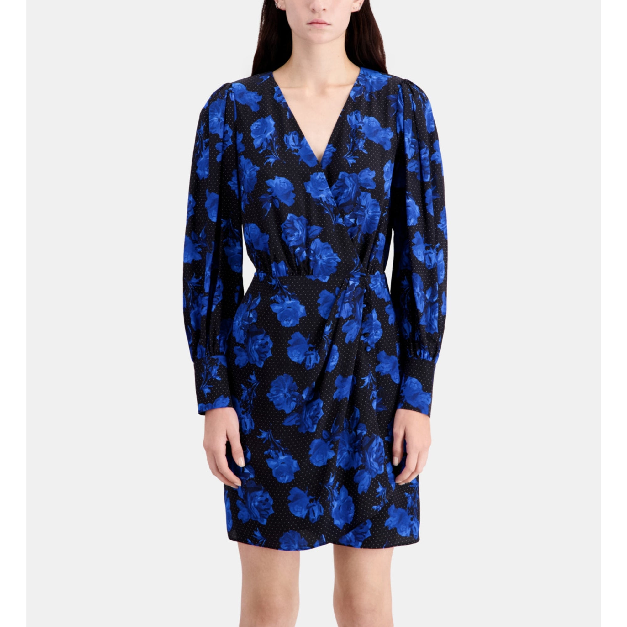 Short Printed Silk Wrap Dress | Women | Black Blue