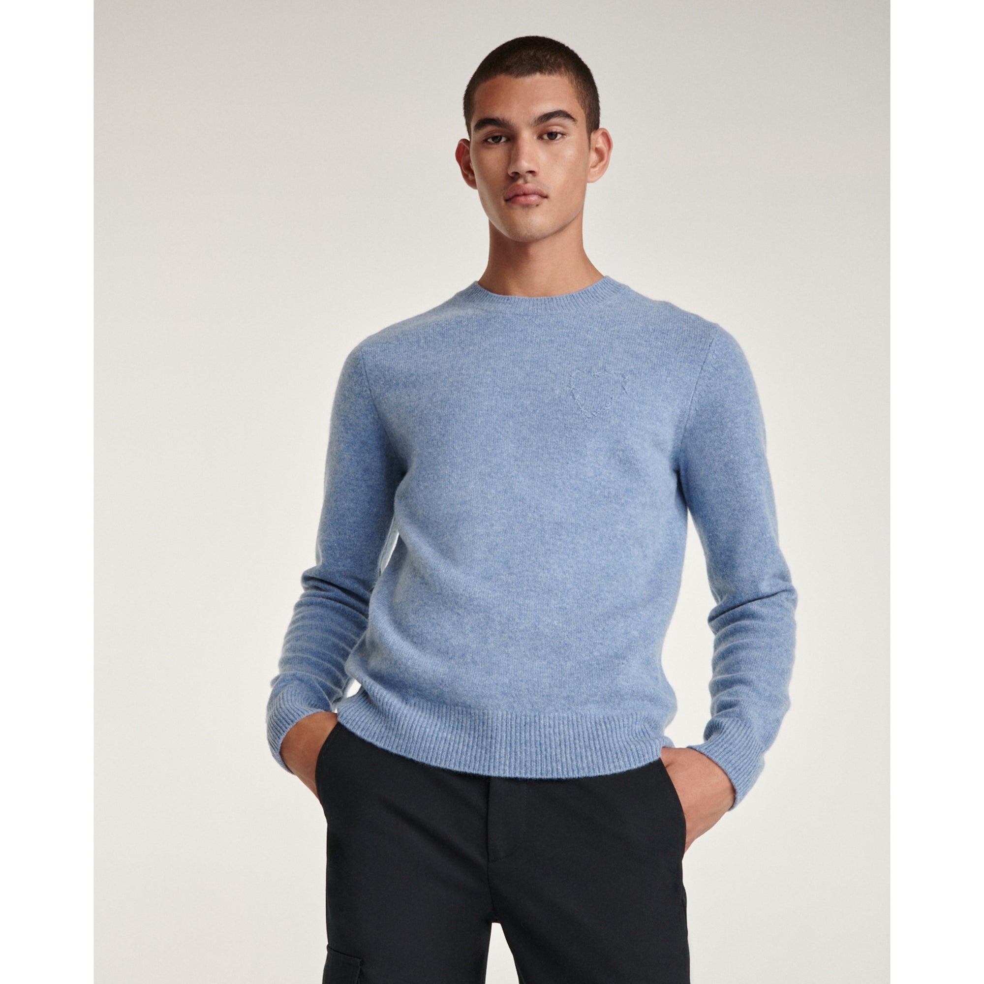 Sky Wool Sweater With Embroidered Heart | Men | Light Blue