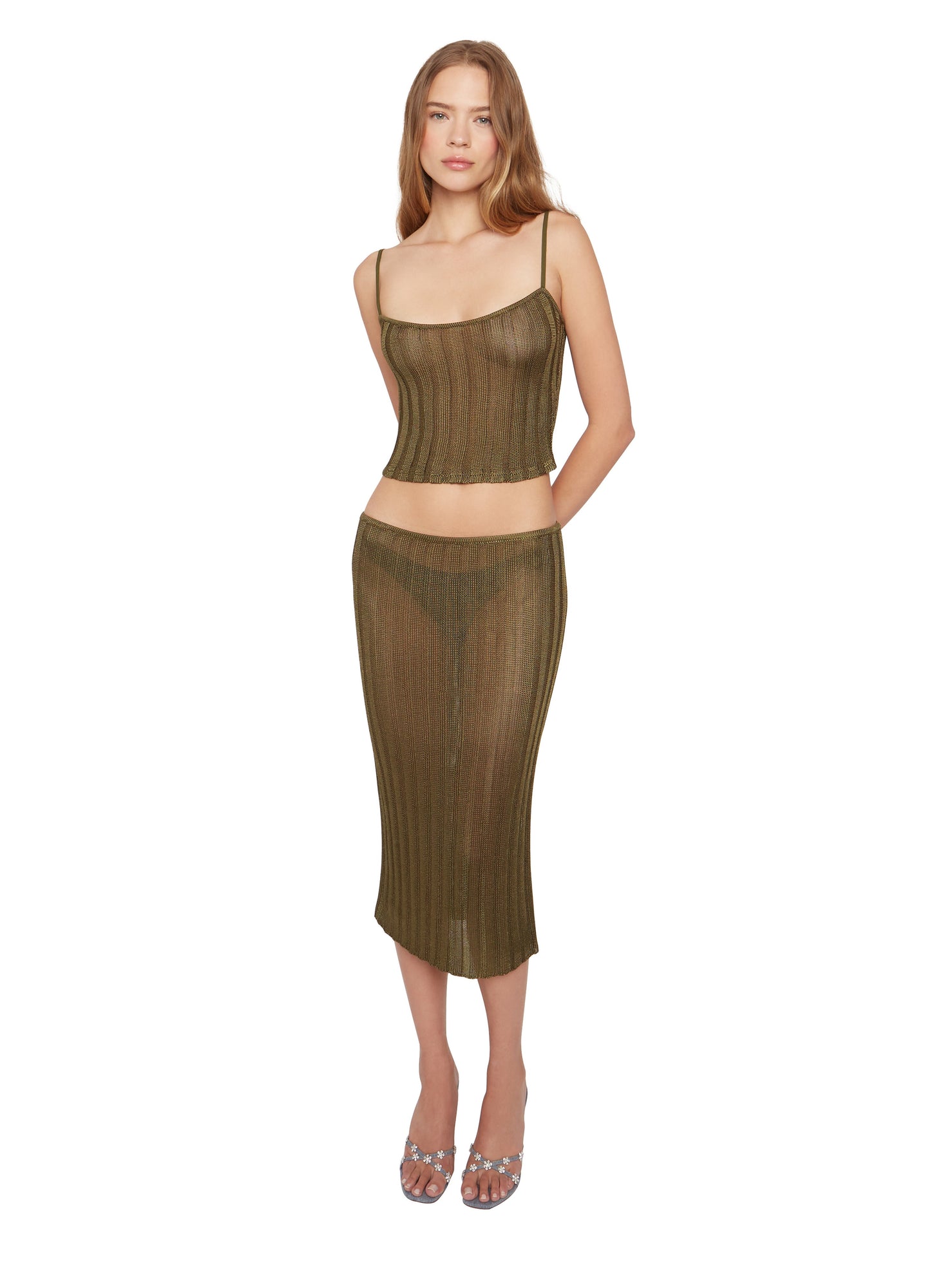 Womens | Slinky Rib Knit Midi Skirt | Forest Green