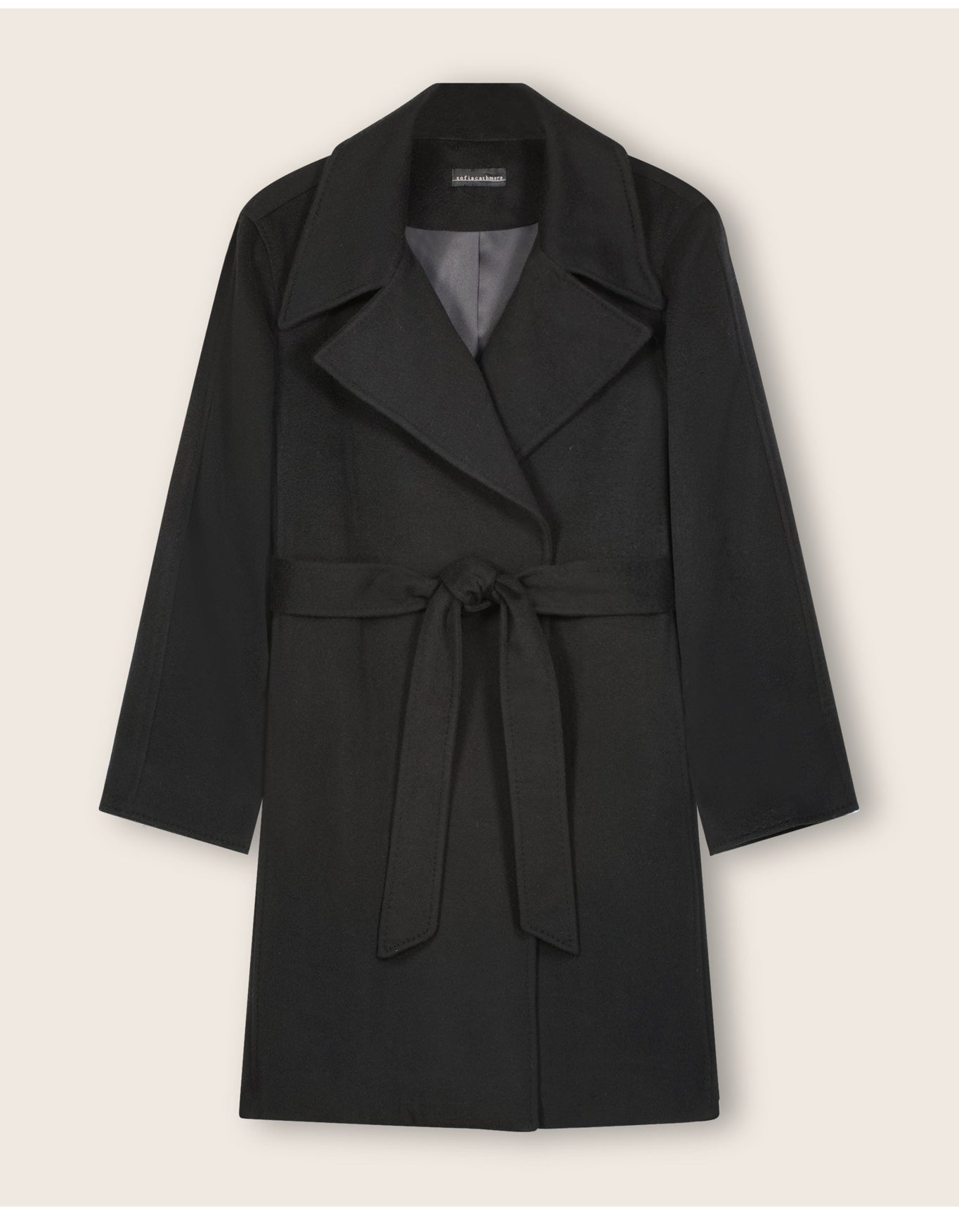 Sofia Cashmere | Women | Cashmere Notch Lapel Pick Stitched Belted Wrap Coat | Black