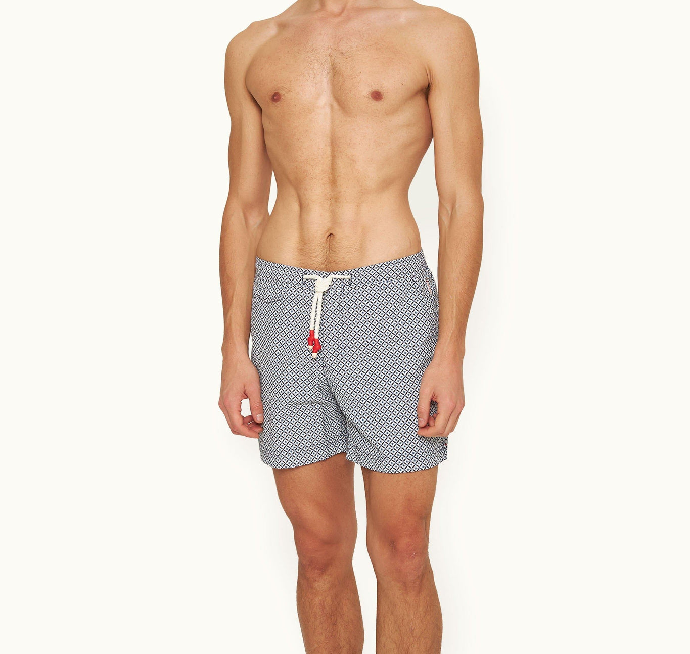 Standard Geo Print Mid-Length Drawcord Swim Shorts | Springfield Blue/White Sand