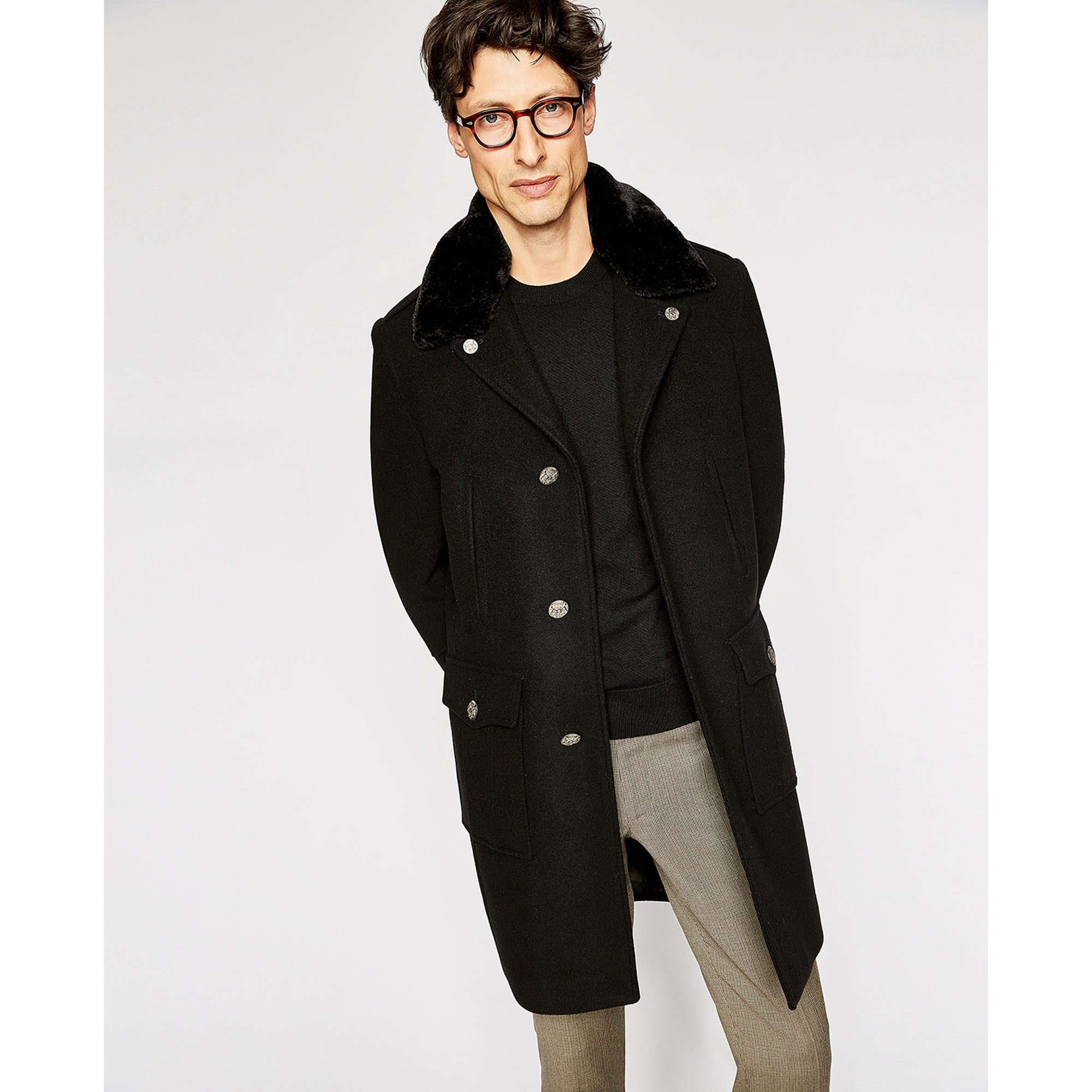 Straight Coat With Faux Fur Collar | Men | Black