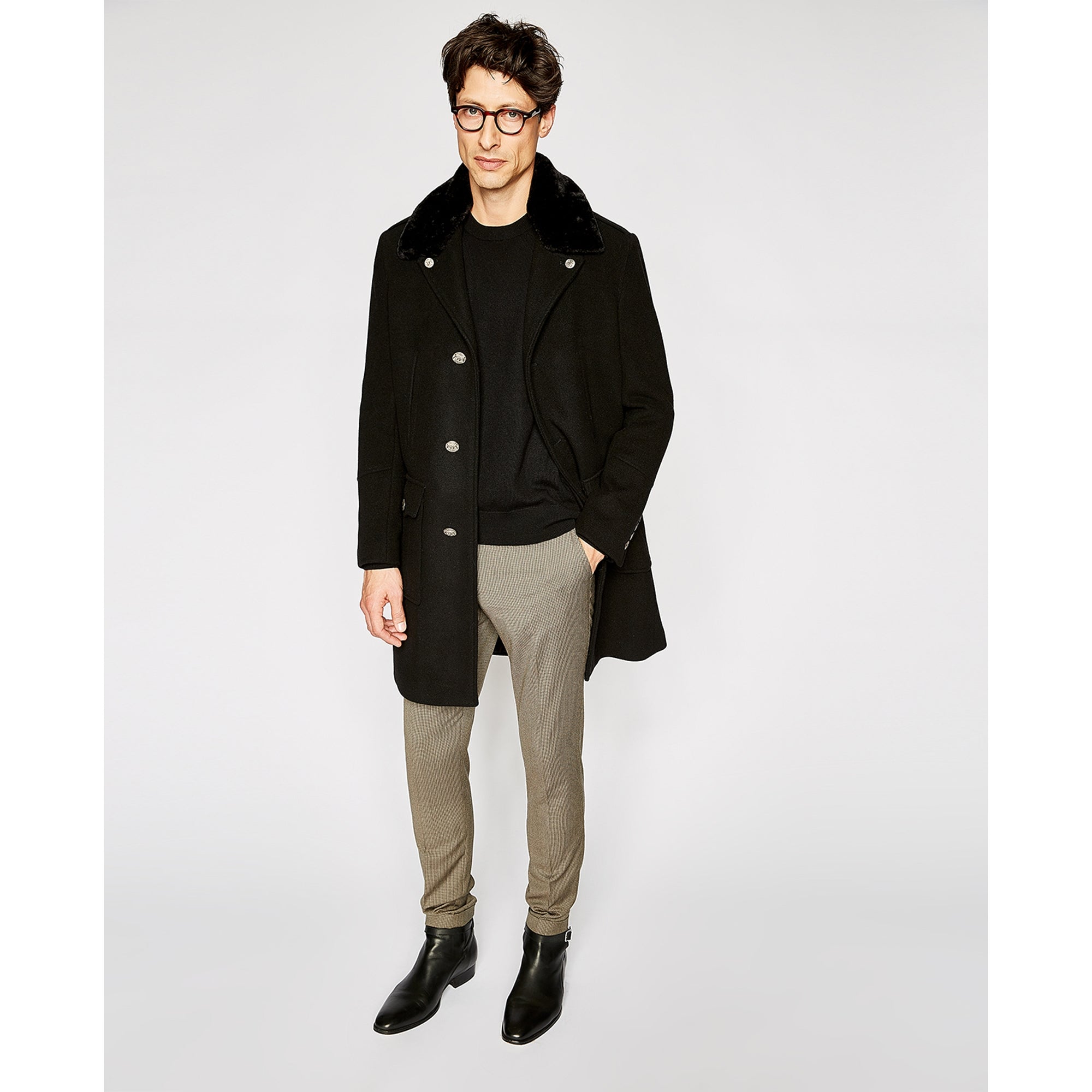 Straight Coat With Faux Fur Collar | Men | Black