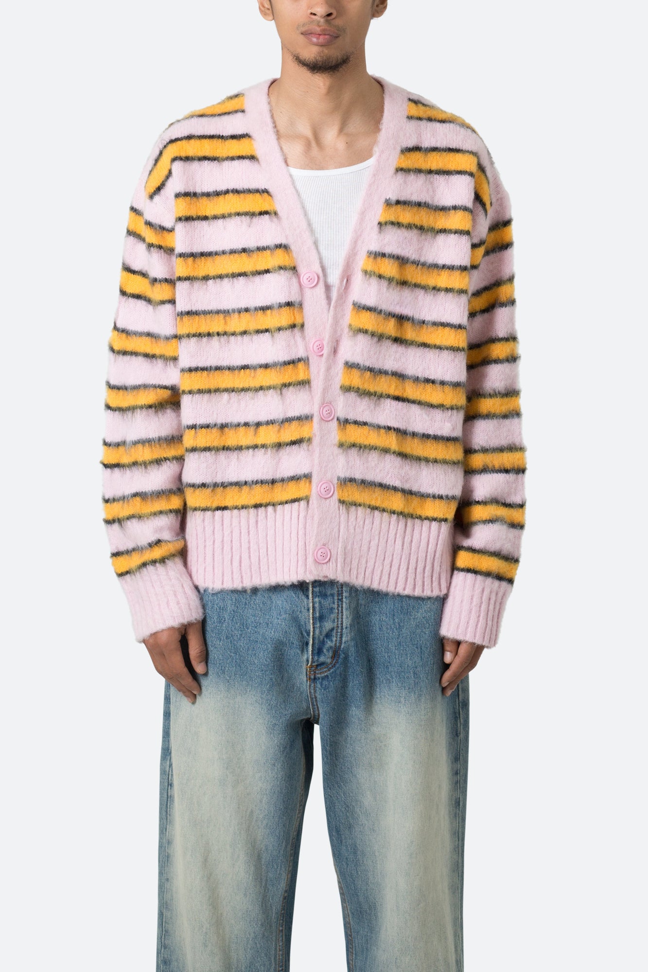 Striped Mohair Cardigan Sweater | Pink
