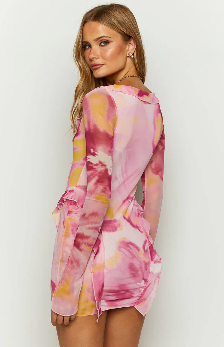 Surround Sound Floral Mesh Long Sleeve Mini Dress | Pink