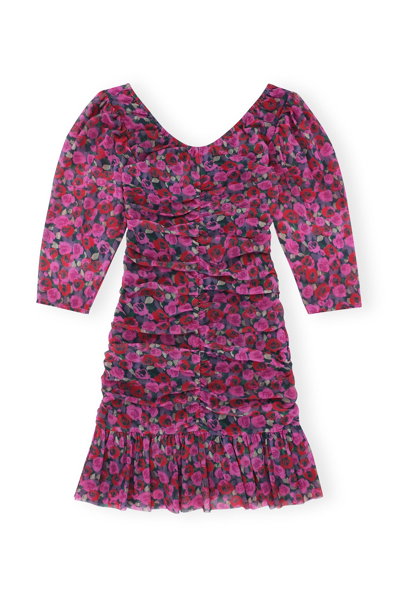 Printed Mesh Flounce Ruched Mini Dress | Fiji Flower