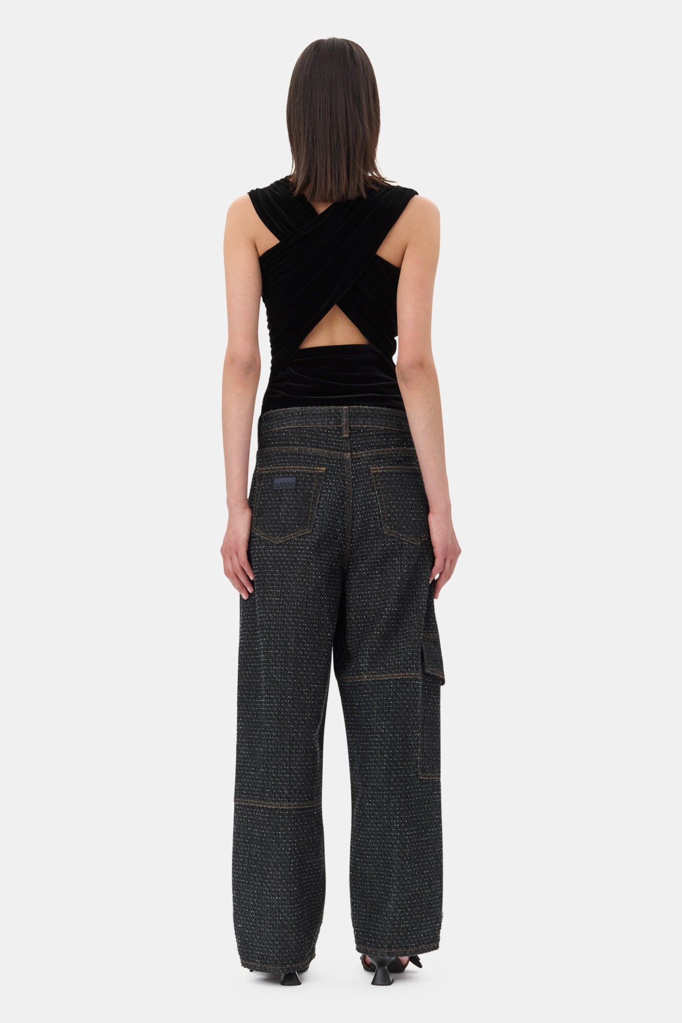 Velvet Jersey Ruched Crossover Blouse | Black