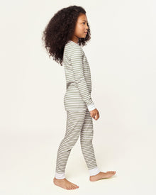The Kid's Pima Snug Fit Pajama Set in Sage Stripe features green and white horizontal stripes, long sleeves, white cuffs at wrists and ankles, and a small button placket on the shirt. The set is displayed flat on a white background.