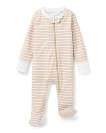 The Baby's Pima Romper in Camel Stripe features beige and white stripes, long sleeves, white cuffs, and a matching neck bow, shown flat on a white background.